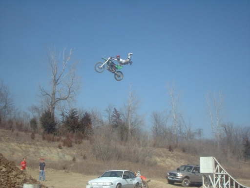 Steve Wagner jumps his wooden FMX ramp in Kansas City, Missouri.