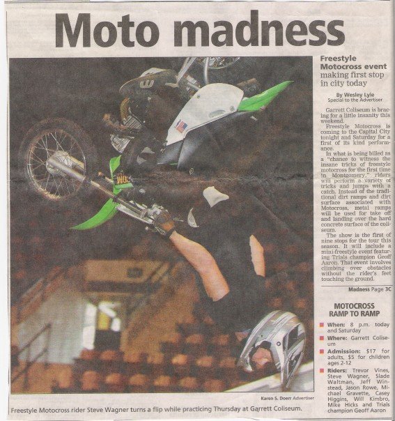 Featured in a local paper doing a backflip on my 110cc bike during practice in Alabama.